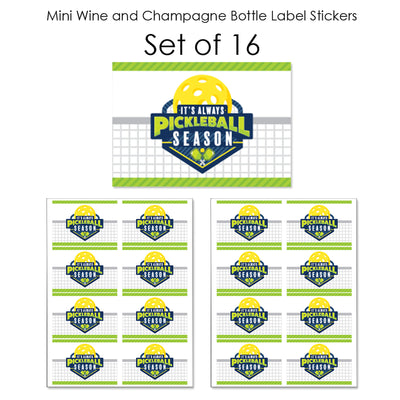 Let's Rally - Pickleball - Mini Wine and Champagne Bottle Label Stickers - Birthday or Retirement Party Favor Gift for Women and Men - Set of 16