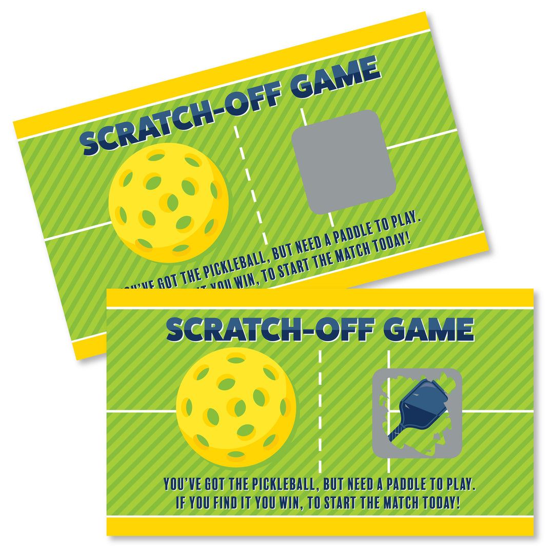 Two scratch-off game cards with green and yellow colors featuring text and a image of a pickleball.