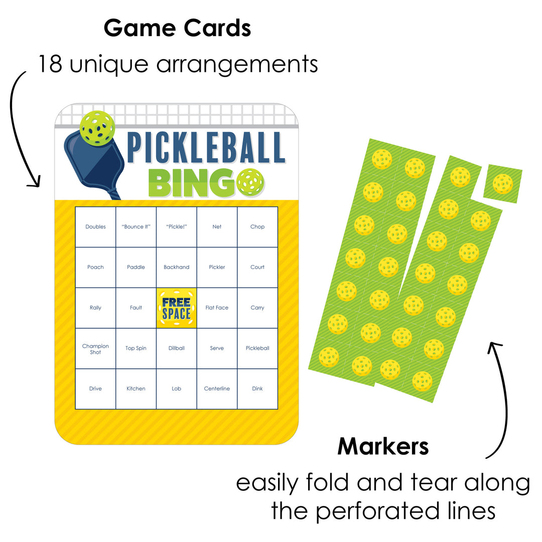 Let's Rally - Pickleball - Bingo Cards and Markers - Birthday or Retirement Party Bingo Game - Set of 18