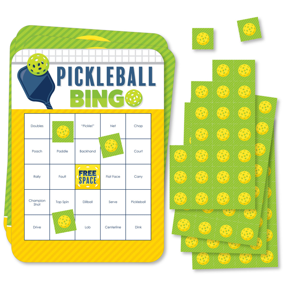 A set of 18 rectangular bingo cards with a pickleball theme, including 18 perforated marker sheets. The cards are displayed with 'PICKLEBALL BINGO' text at the top and yellow circles representing bingo markers.