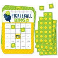 A set of 18 rectangular bingo cards with a pickleball theme, including 18 perforated marker sheets. The cards are displayed with 'PICKLEBALL BINGO' text at the top and yellow circles representing bingo markers.