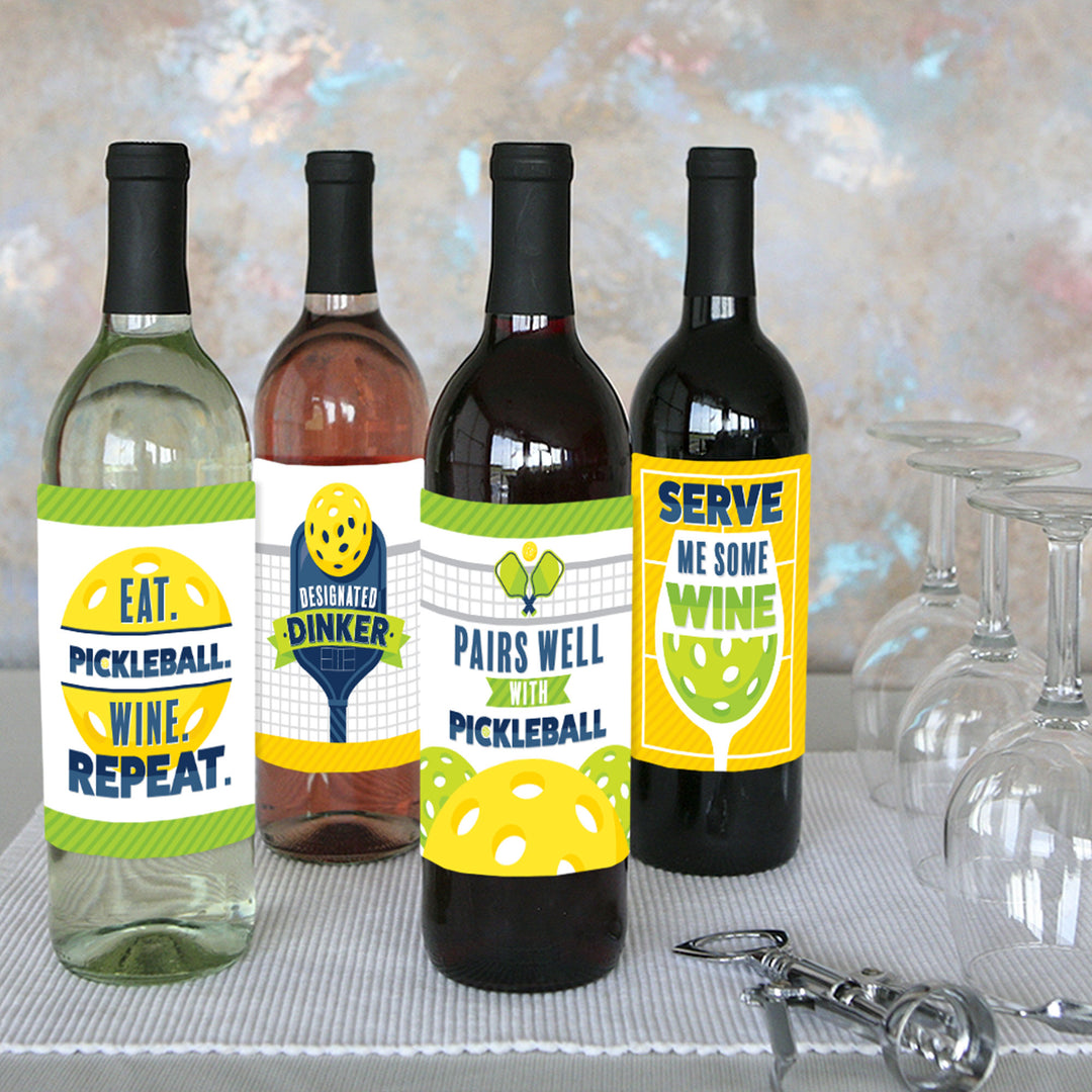 Let's Rally - Pickleball - Birthday or Retirement Party Decorations for Women and Men - Wine Bottle Label Stickers - Set of 4