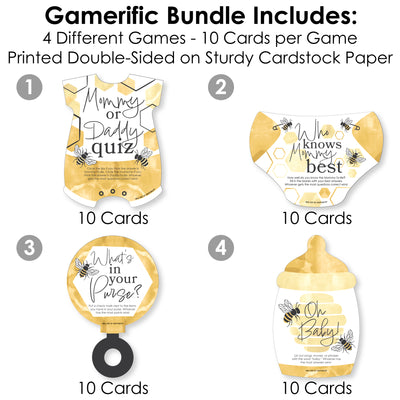 Little Bumblebee - 4 Baby Shower Games - 10 Cards Each - Who Knows Mommy Best, Mommy or Daddy Quiz, What’s in Your Purse and Oh Baby - Gamerific Bundle