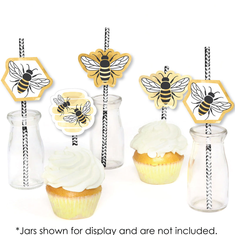 Little Bumblebee - Paper Straw Decor - Bee Baby Shower or Birthday Party Striped Decorative Straws - Set of 24