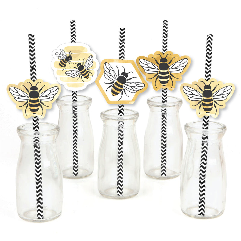 Little Bumblebee - Paper Straw Decor - Bee Baby Shower or Birthday Party Striped Decorative Straws - Set of 24