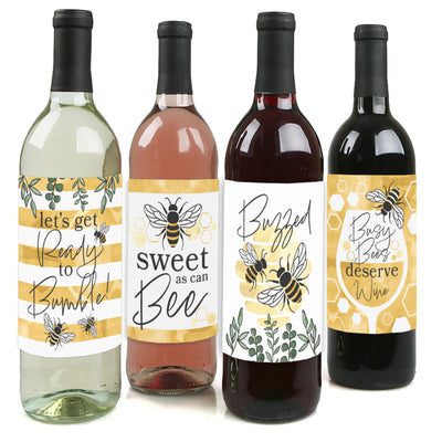 Little Bumblebee - Bee Baby Shower or Birthday Party Decorations for Women and Men - Wine Bottle Label Stickers - Set of 4