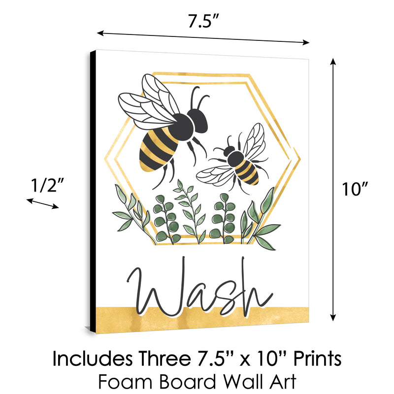 Little Bumblebee - Bee Kids Bathroom Rules Wall Art - 7.5 x 10 inches - Set of 3 Signs - Wash, Brush, Flush