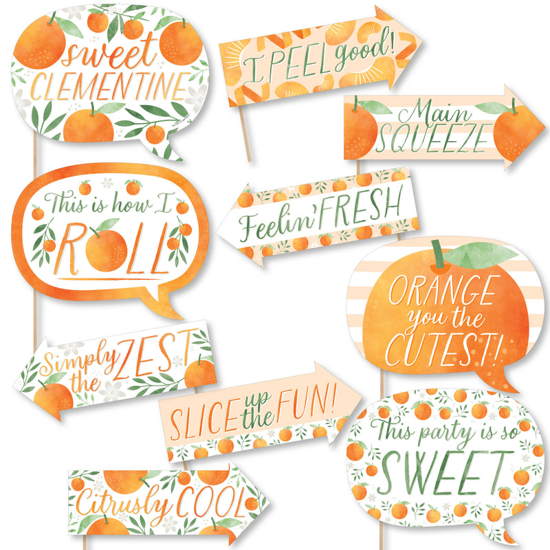 Funny Little Clementine - Orange Citrus Baby Shower or Birthday Party Photo Booth Props Kit - 10 Piece