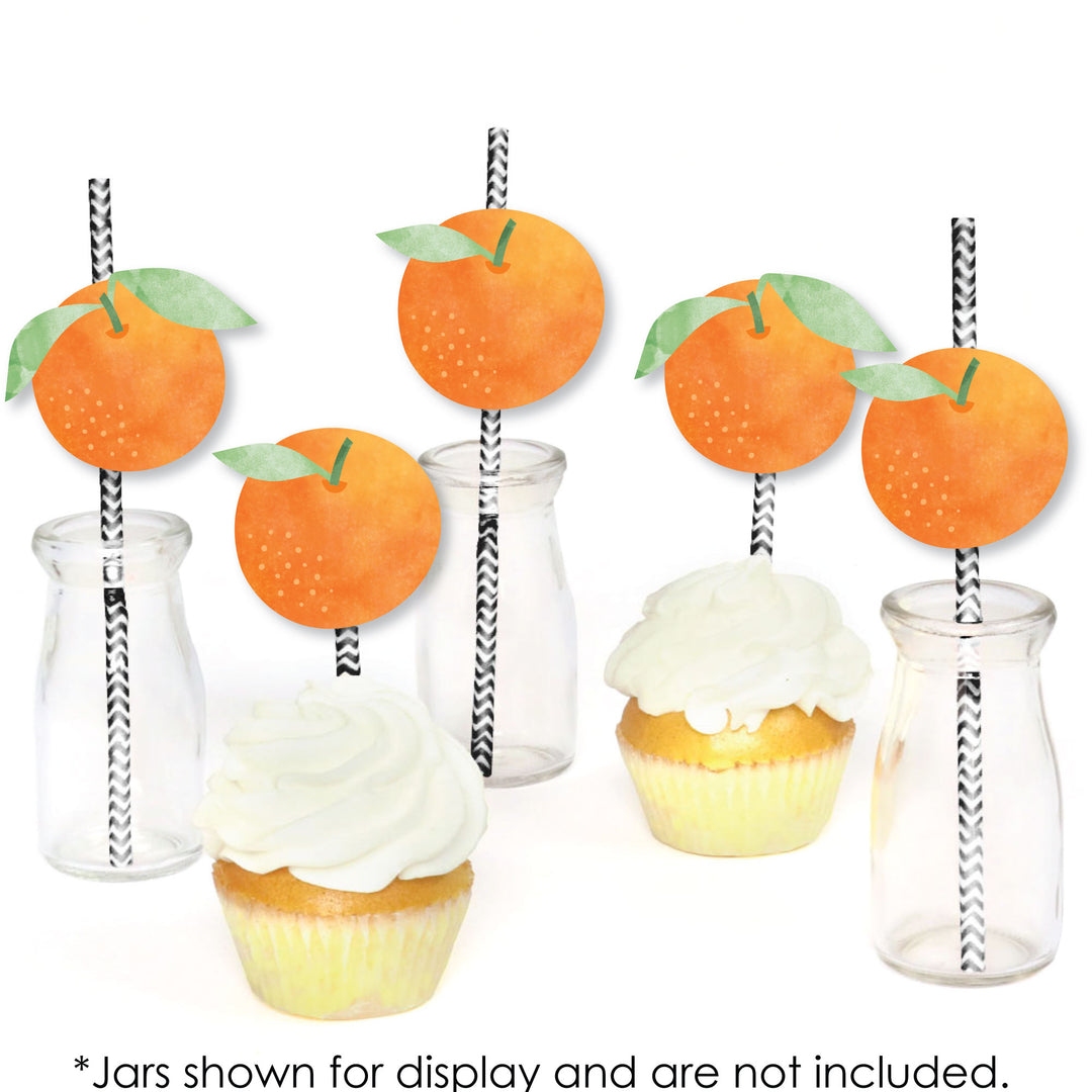 Little Clementine - Paper Straw Decor - Orange Citrus Baby Shower or Birthday Party Striped Decorative Straws - Set of 24