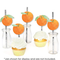 Little Clementine - Paper Straw Decor - Orange Citrus Baby Shower or Birthday Party Striped Decorative Straws - Set of 24