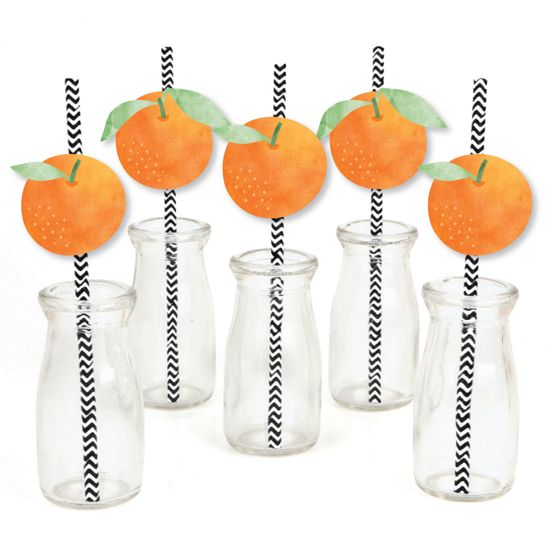 Little Clementine - Paper Straw Decor - Orange Citrus Baby Shower or Birthday Party Striped Decorative Straws - Set of 24