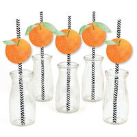 Little Clementine - Paper Straw Decor - Orange Citrus Baby Shower or Birthday Party Striped Decorative Straws - Set of 24