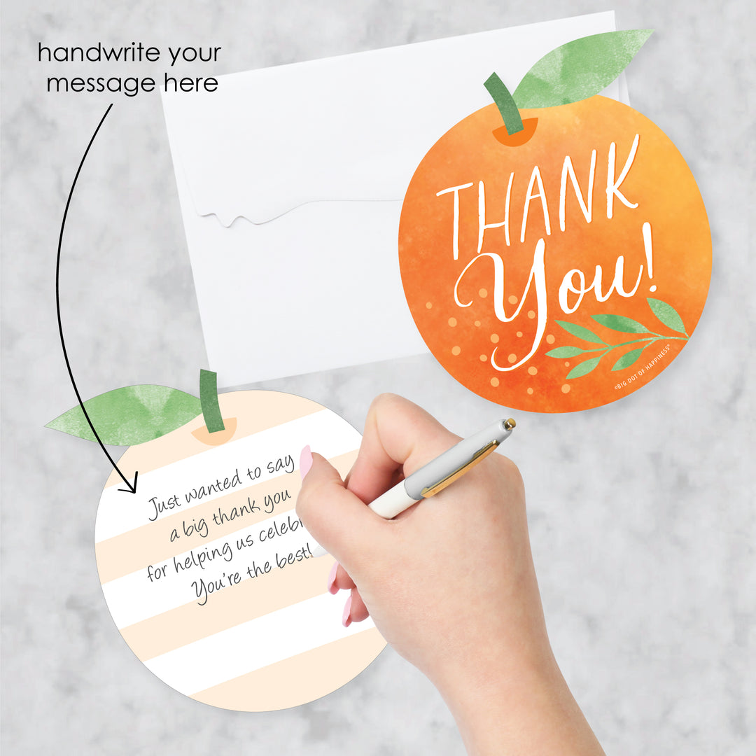 Little Clementine - Shaped Thank You Cards - Orange Citrus Baby Shower or Birthday Party Thank You Note Cards with Envelopes - Set of 12