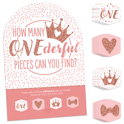 1st Birthday Little Miss Onederful - Girl First Birthday Party Scavenger Hunt - 1 Stand and 48 Game Pieces - Hide and Find Game