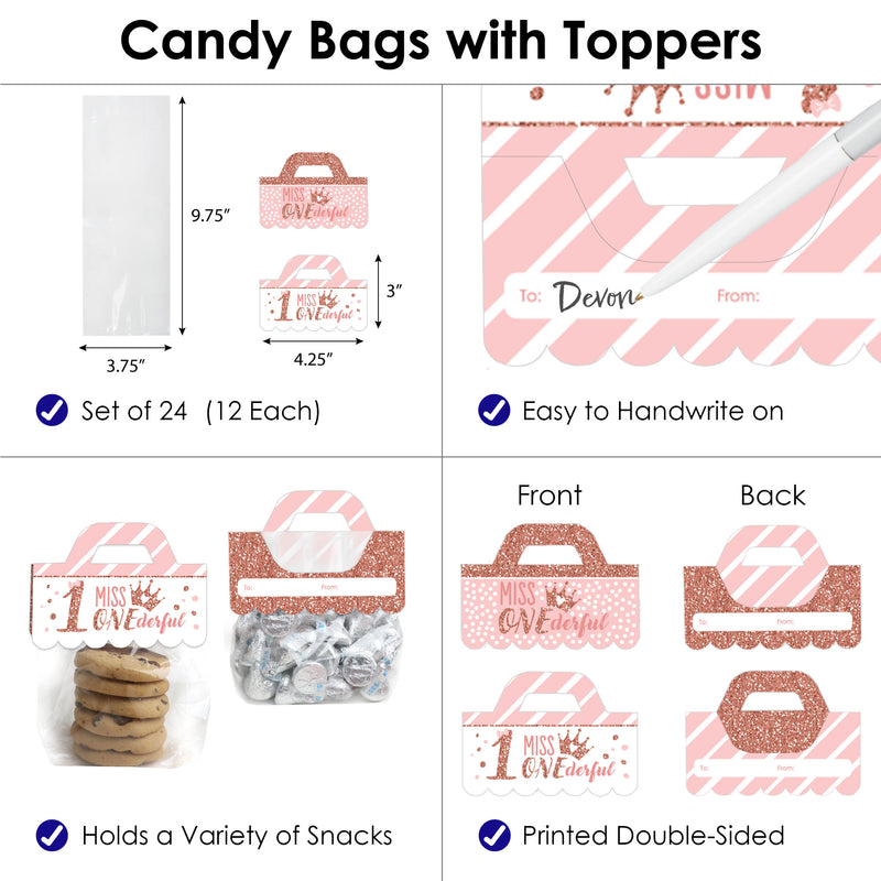 1st Birthday Little Miss Onederful - DIY Girl First Birthday Party Clear Goodie Favor Bag Labels - Candy Bags with Toppers - Set of 24