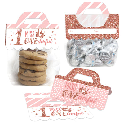 1st Birthday Little Miss Onederful - DIY Girl First Birthday Party Clear Goodie Favor Bag Labels - Candy Bags with Toppers - Set of 24