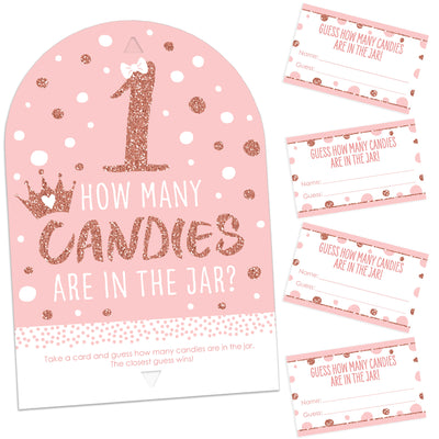 1st Birthday Little Miss Onederful - How Many Candies Girl First Birthday Party Game - 1 Stand and 40 Cards - Candy Guessing Game