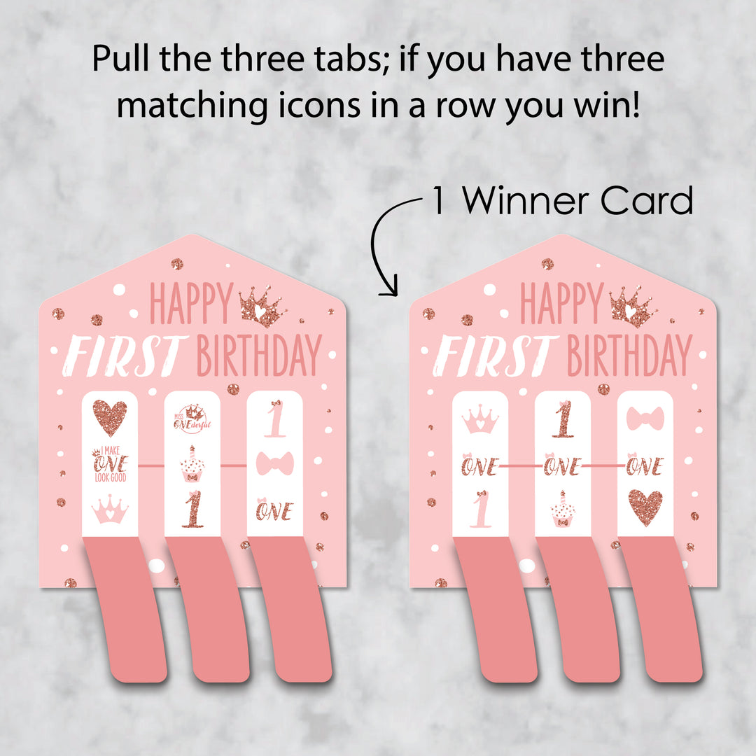 1st Birthday Little Miss Onederful - Girl First Birthday Party Game Pickle Cards - Pull Tabs 3-in-a-Row - Set of 12