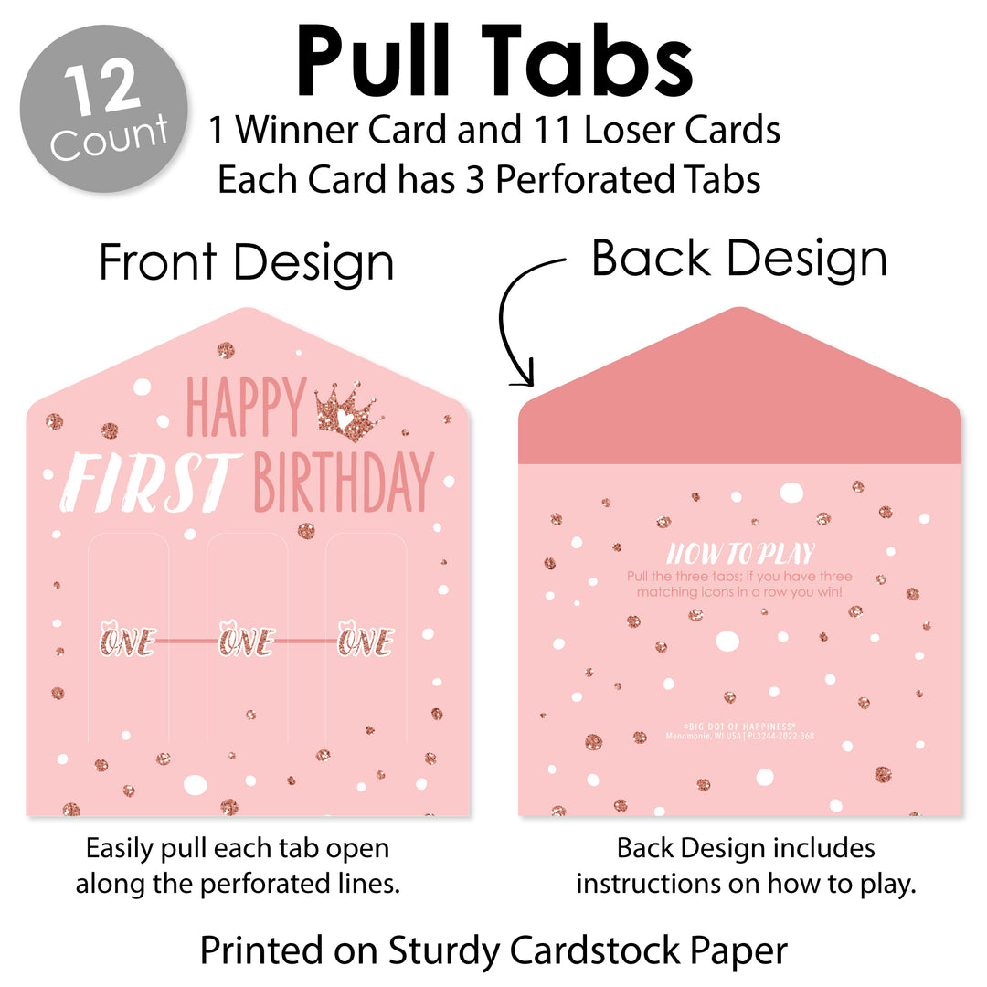 1st Birthday Little Miss Onederful - Girl First Birthday Party Game Pickle Cards - Pull Tabs 3-in-a-Row - Set of 12