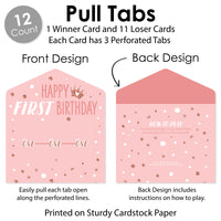 1st Birthday Little Miss Onederful - Girl First Birthday Party Game Pickle Cards - Pull Tabs 3-in-a-Row - Set of 12