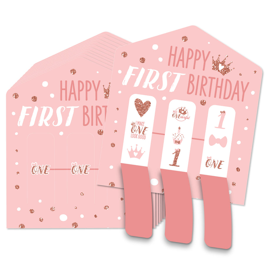 1st Birthday Little Miss Onederful - Girl First Birthday Party Game Pickle Cards - Pull Tabs 3-in-a-Row - Set of 12