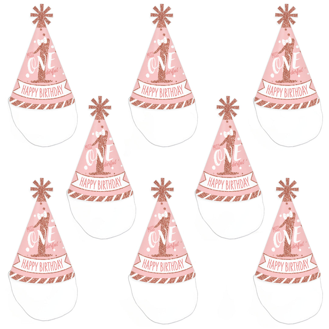 1st Birthday Little Miss Onederful - Cone Happy Birthday Party Hats for Kids and Adults - Set of 8 (Standard Size)