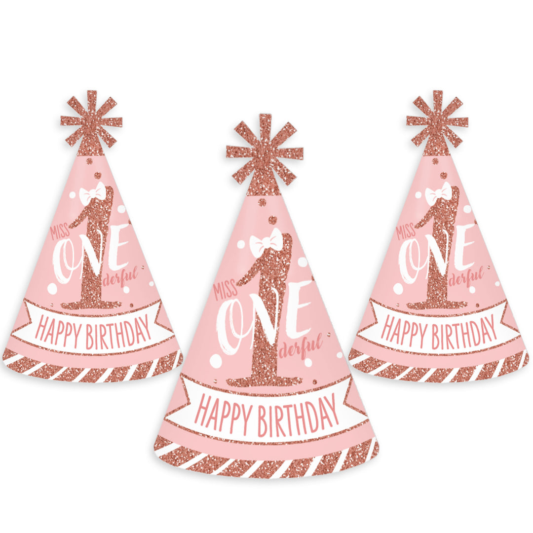 1st Birthday Little Miss Onederful - Cone Happy Birthday Party Hats for Kids and Adults - Set of 8 (Standard Size)