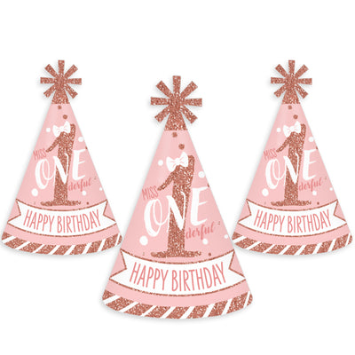 1st Birthday Little Miss Onederful - Cone Happy Birthday Party Hats for Kids and Adults - Set of 8 (Standard Size)
