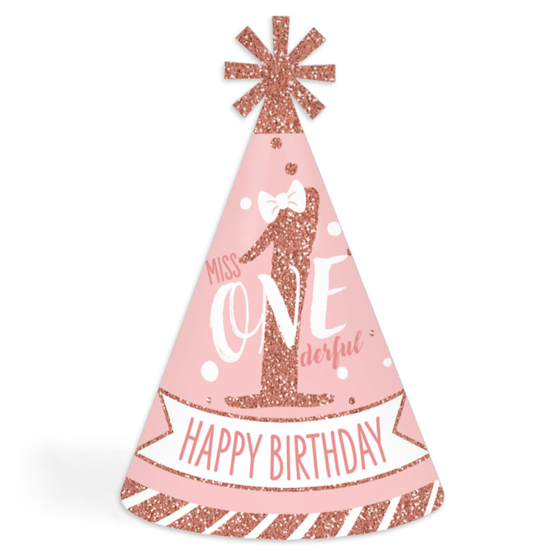 1st Birthday Little Miss Onederful - Cone Happy Birthday Party Hats for Kids and Adults - Set of 8 (Standard Size)