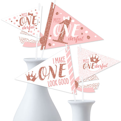 1st Birthday Little Miss Onederful - Triangle Girl First Birthday Party Photo Props - Pennant Flag Centerpieces - Set of 20