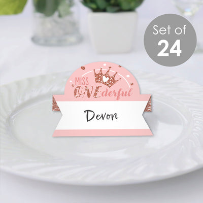 1st Birthday Little Miss Onederful - Girl First Birthday Party Tent Buffet Card - Table Setting Name Place Cards - Set of 24