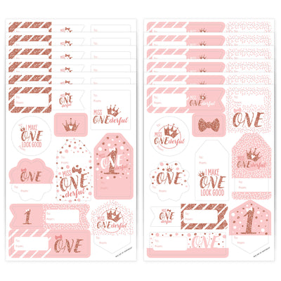 1st Birthday Little Miss Onederful - Assorted Girl First Birthday Party Gift Tag Labels - To and From Stickers - 12 Sheets - 120 Stickers