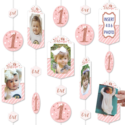 1st Birthday Little Miss Onederful - Girl First Birthday Party DIY Backdrop Decor - Hanging Vertical Photo Garland - 35 Pieces