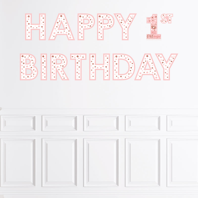 1st Birthday Little Miss Onederful - Peel and Stick Girl First Birthday Party Large Banner Wall Decals - Happy Birthday