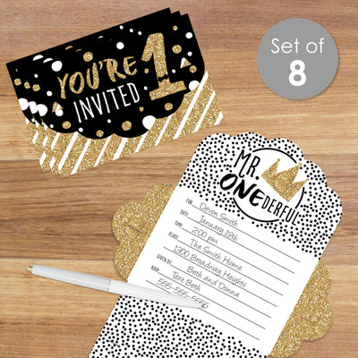 1st Birthday Little Mr. Onederful - Fill-In Cards - Boy First Birthday Party Fold and Send Invitations - Set of 8