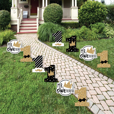 1st Birthday Little Mr. Onederful - One Shaped Lawn Decorations - Outdoor Boy First Birthday Party Yard Decorations - 10 Piece