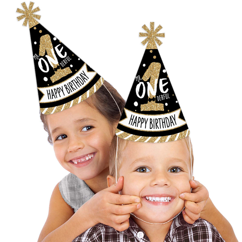 1st Birthday Little Mr. Onederful - Cone Happy Birthday Party Hats for Kids and Adults - Set of 8 (Standard Size)