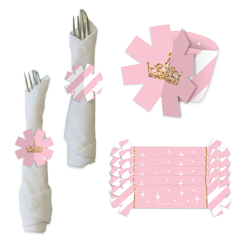 Little Princess Crown - Pink and Gold Princess Baby Shower or Birthday Party Paper Napkin Holder - Napkin Rings - Set of 24