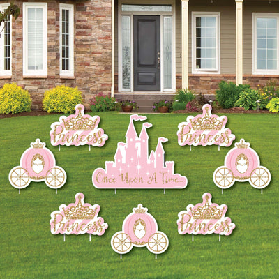 Little Princess Crown - Yard Sign & Outdoor Lawn Decorations - Pink and Gold Princess Baby Shower or Birthday Party Yard Signs - Set of 8