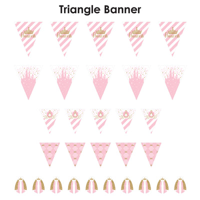 Little Princess Crown - DIY Pink and Gold Princess Baby Shower or Birthday Party Pennant Garland Decoration - Triangle Banner - 30 Pieces