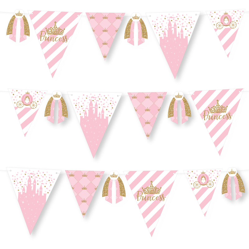 Little Princess Crown - DIY Pink and Gold Princess Baby Shower or Birthday Party Pennant Garland Decoration - Triangle Banner - 30 Pieces