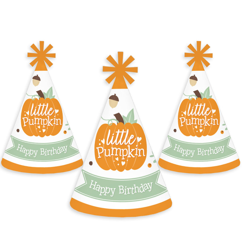 Little Pumpkin - Cone Happy Birthday Party Hats for Kids and Adults - Set of 8 (Standard Size)