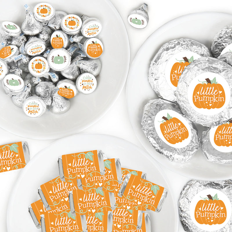Little Pumpkin - Mini Candy Bar Wrappers, Round Candy Stickers and Circle Stickers - Fall Birthday Party or Baby Shower Candy Favor Sticker Kit - 304 Pieces