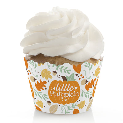 Little Pumpkin - Fall Birthday Party or Baby Shower Decorations - Party Cupcake Wrappers - Set of 12