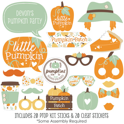 Little Pumpkin - Personalized Fall Birthday Party or Baby Shower Photo Booth Props Kit - 20 Count