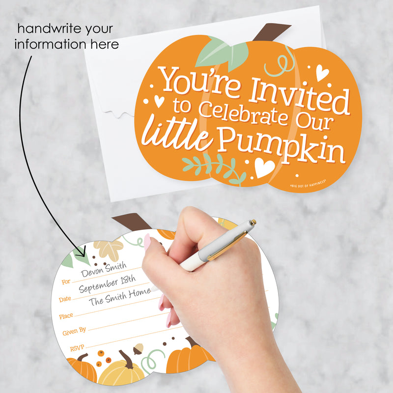 Little Pumpkin - Shaped Fill-In Invitations - Fall Birthday Party or Baby Shower Invitation Cards with Envelopes - Set of 12