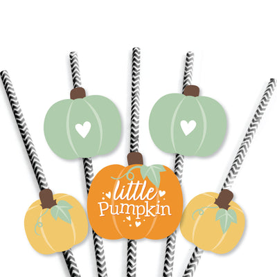 Little Pumpkin - Paper Straw Decor - Fall Birthday Party or Baby Shower Striped Decorative Straws - Set of 24