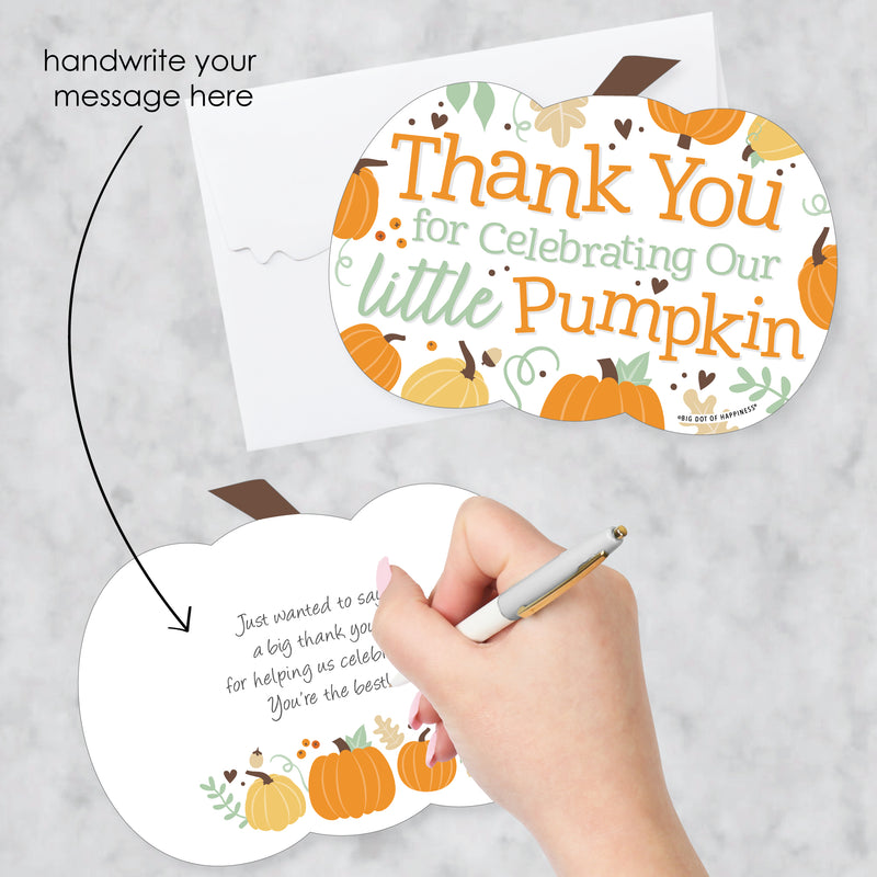 Little Pumpkin - Shaped Thank You Cards - Fall Birthday Party or Baby Shower Thank You Note Cards with Envelopes - Set of 12