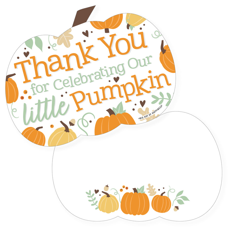 Little Pumpkin - Shaped Thank You Cards - Fall Birthday Party or Baby Shower Thank You Note Cards with Envelopes - Set of 12