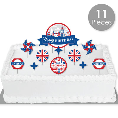 Cheerio, London - British UK Birthday Party Cake Decorating Kit - Happy Birthday Cake Topper Set - 11 Pieces